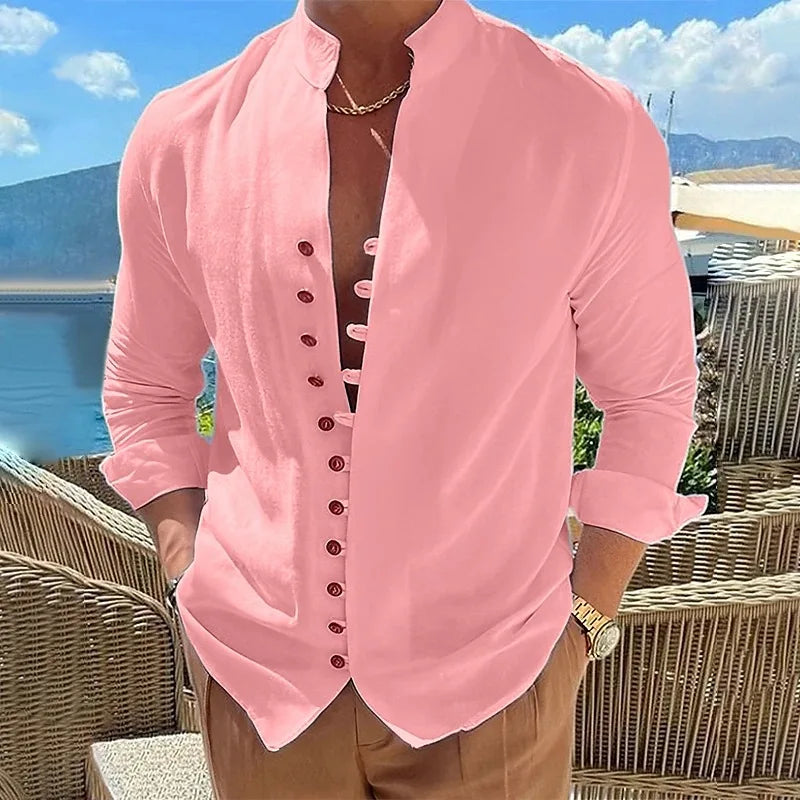 100% pure cotton linen hot selling fashion men's long sleeved shirt solid color stand up collar casual style men's S-3XXL - Ellianto fashion Men's
