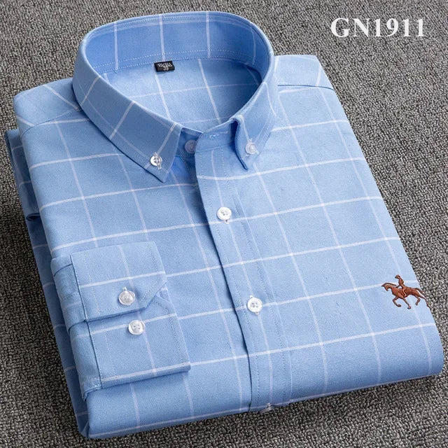 Casual Pure Cotton Oxford Mens Shirts Long Sleeve Embroidery Horse Design Regular Fit Fashion Button Man White Dress Shirt - Ellianto fashion Men's