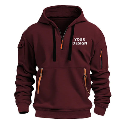 European New Men's Sports Zipper Arm Pocket Loose Casual Sweatshirt Customize Your Logo Dropped Shoulder Hooded Jacket Pullover - Ellianto fashion Men's