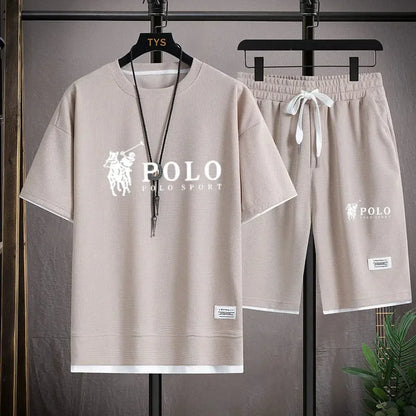Set summer of 2025, a two-piece set of Korean-style men's short-sleeved T-shirts and sports shorts paired with casual sportsw - Ellianto fashion Men's