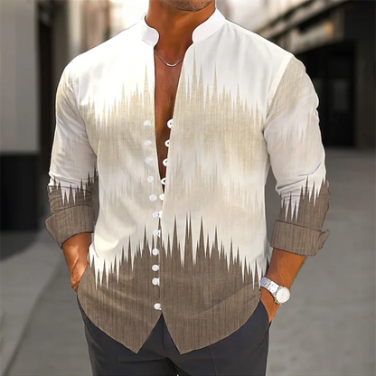 Men's Long Sleeve Shirt Cross Border Summer 3D Bamboo Print Flower Vintage Flip-Neck Long Sleeve Button Top