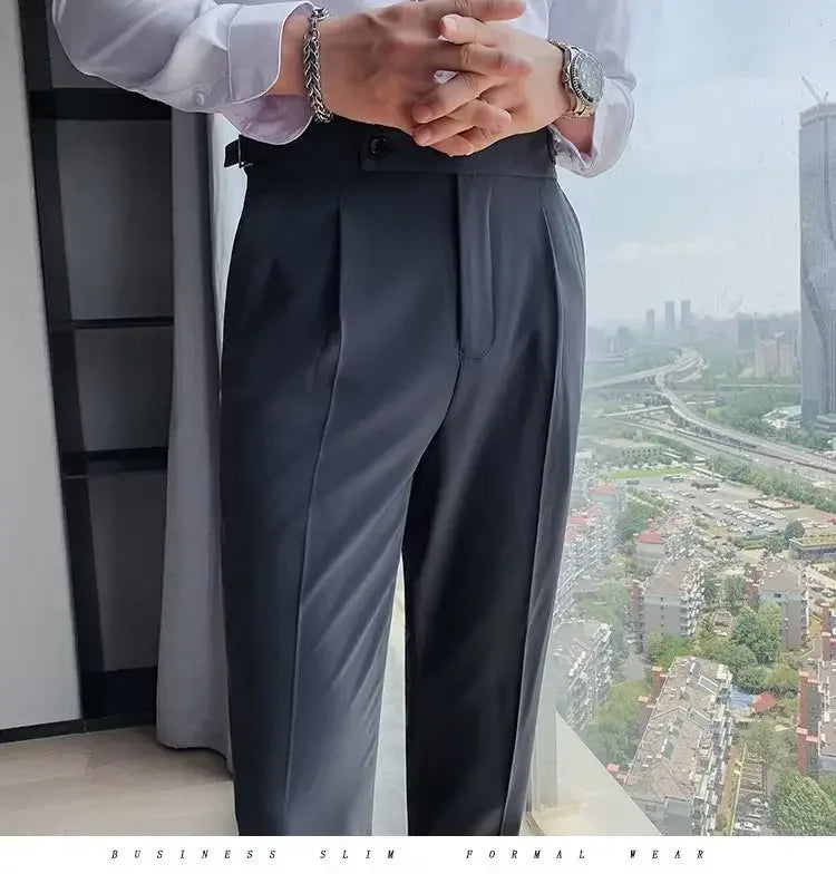 AutumnCasualTrousersMenStraight-LegNarrow-FitHigh-WaistedSlimsBritishStyleSuit Pants BusinessAttire - Ellianto fashion Men's