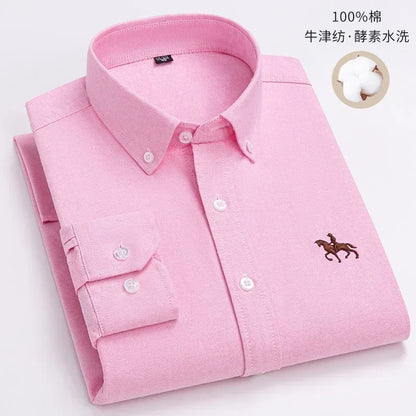 Casual Pure Cotton Oxford Mens Shirts Long Sleeve Embroidery Horse Design Regular Fit Fashion Button Man White Dress Shirt - Ellianto fashion Men's