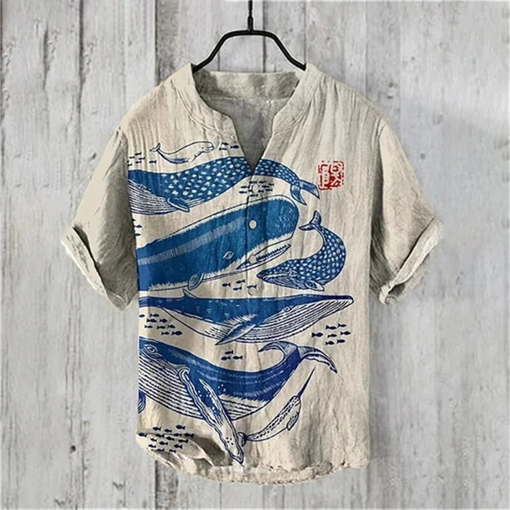 New short-sleeved V-neck shirt short-sleeved 3D printed linen shirt retro fish linen shirt comfortable men's breathable shirt - Ellianto fashion Men's