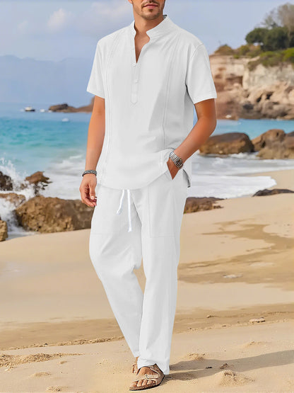 Men's Fashionable Cotton Linen Shirt Set with Cuban Pocket Long Sleeve Casual Two-Piece Suit Spring Autumn 100% Natural Fiber - Ellianto fashion Men's