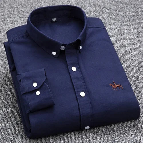Casual Pure Cotton Oxford Mens Shirts Long Sleeve Embroidery Horse Design Regular Fit Fashion Button Man White Dress Shirt - Ellianto fashion Men's