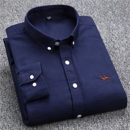 Casual Pure Cotton Oxford Mens Shirts Long Sleeve Embroidery Horse Design Regular Fit Fashion Button Man White Dress Shirt - Ellianto fashion Men's