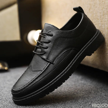 Men's Casual Leather Shoes Trendy Summer Breathable Black Work Shoes Casual Classic Fashion Formal Comfortable Flat Shoes - Ellianto fashion Men's