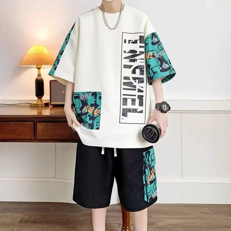 Set Suit High Street Fashion T-shirt Shorts Two-piece Set Men Retro New Neck Top Designer Clothes Men - Ellianto fashion Men's