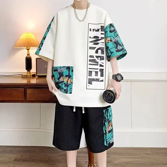 Set Suit High Street Fashion T-shirt Shorts Two-piece Set Men Retro New Neck Top Designer Clothes Men - Ellianto fashion Men's