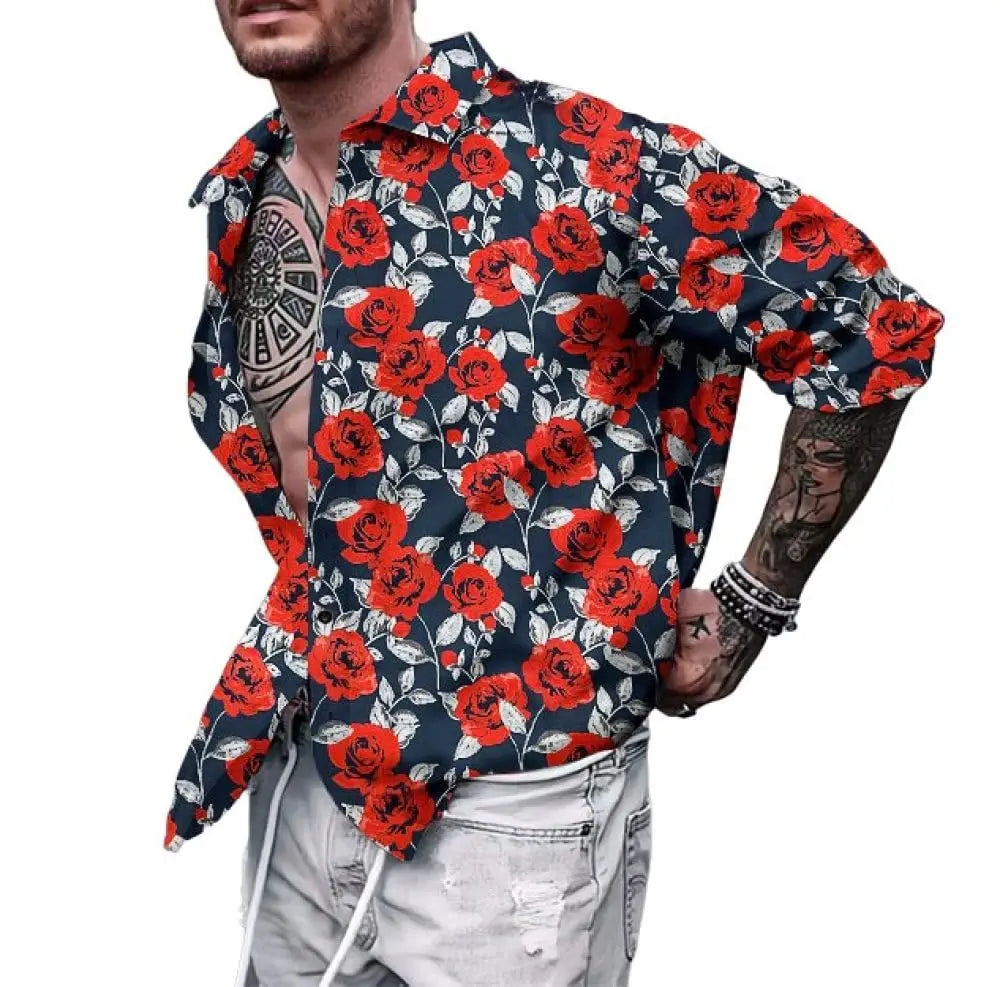 Men’s 3D Floral Print Long-Sleeve Shirt – Effortless Style and Lightweight Comfort for Parties, Beach Holidays, and Everyday Elegance