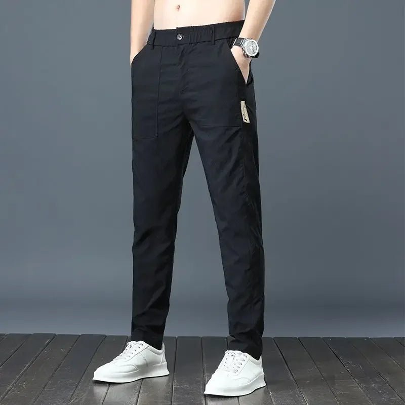 Men's Summer Thin Casual Pants Breathable Ice Silk Elastic Straight-leg Loose-fit Quick Dry Pants Trendy Versatile Long - Ellianto fashion Men's