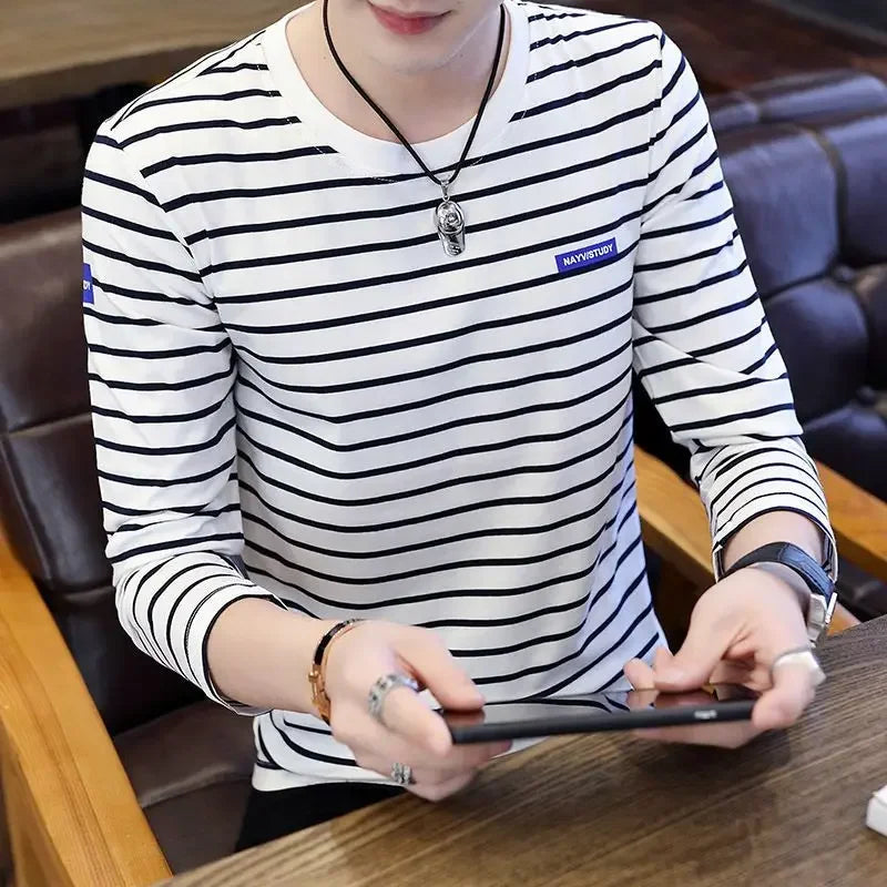 T Shirts for Men Stripe Tops Red Cotton Male Clothes Round Neck Harajuku Fashion Sale High Brand Regular Fit It Full Sleeve Tee - Ellianto fashion Men's