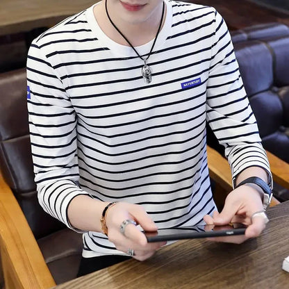T Shirts for Men Stripe Tops Red Cotton Male Clothes Round Neck Harajuku Fashion Sale High Brand Regular Fit It Full Sleeve Tee - Ellianto fashion Men's