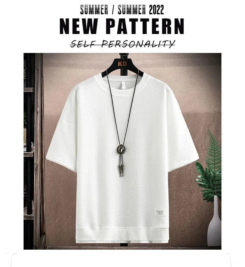 Casual Men's Sportswear Set Summer Short Sleeve Drawstring Shorts Loose Five-Quarter Pants Thin Male Outfit Two-Piece Suit - Ellianto fashion Men's