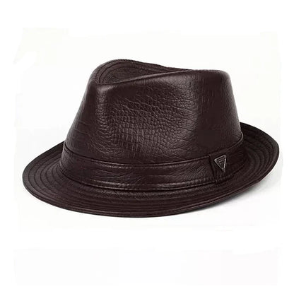Man High Quality Genuine Leather Jazz Fedora Gentleman CowSkin Short Brim Black/Brown Fitted Top Hat Print Crocodile Pattern - Ellianto fashion Men's