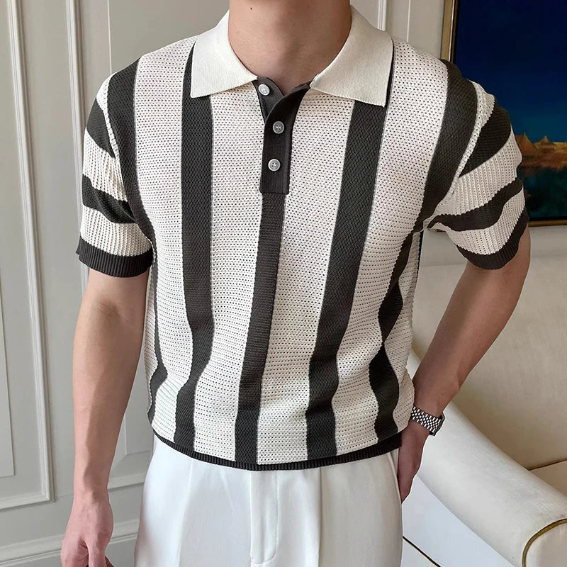 Stylish Mens Slim Short Sleeve Polo Shirts Knitting Striped Contrast Color Polo T Shirt For Men Summer New Casual Buttoned Polos - Ellianto fashion Men's