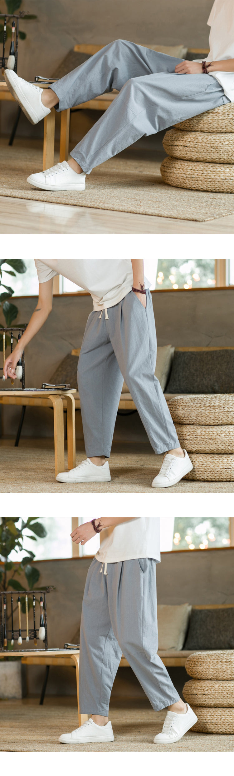 Men's Trousers Cotton Linen Fashion Casual Pants Solid Color Breathable Loose Shorts Straight Drawstring Pants Streetwear Men - Ellianto fashion Men's