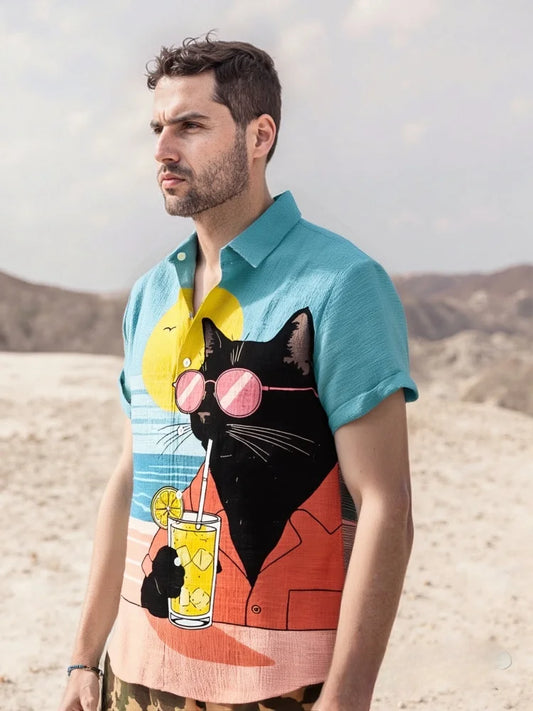 Set Men's Fashion Retro Printed Short Sleeved Shirt Hawaiian Summer Shirts Men Beach Black Cat Vacation Art Printing Casual Blouse - Ellianto fashion Men's