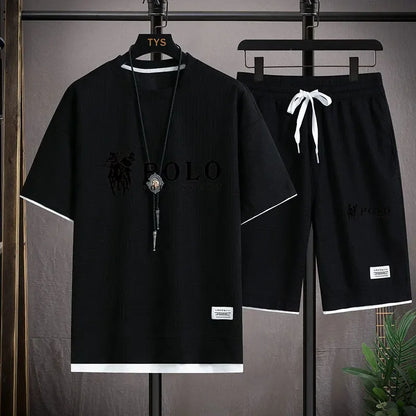 Set In the summer of 2025, a two-piece set of Korean-style men's short-sleeved T-shirt and sports shorts paired with casual sportswe - Ellianto fashion Men's