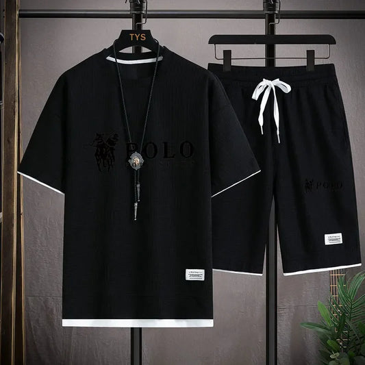Set In the summer of 2025, a two-piece set of Korean-style men's short-sleeved T-shirt and sports shorts paired with casual sportswe - Ellianto fashion Men's