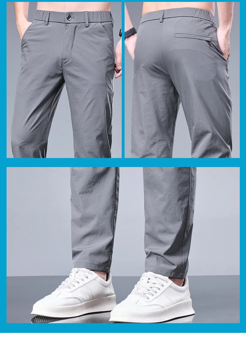 Summer New Business Ice Silk Pants Straight Elastic Waist Black Gray Trousers Breathable Simple Male Clothing Casual Suit Pants - Ellianto fashion Men's