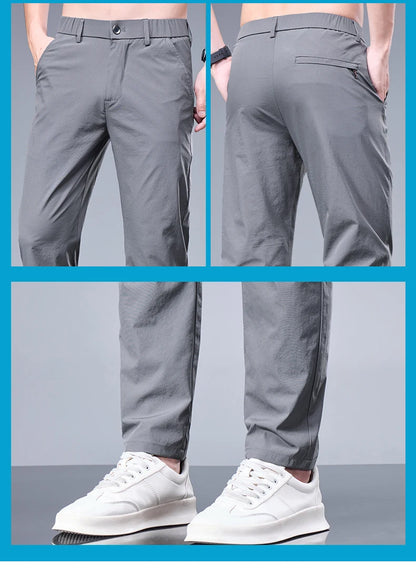 Summer New Business Ice Silk Pants Straight Elastic Waist Black Gray Trousers Breathable Simple Male Clothing Casual Suit Pants - Ellianto fashion Men's