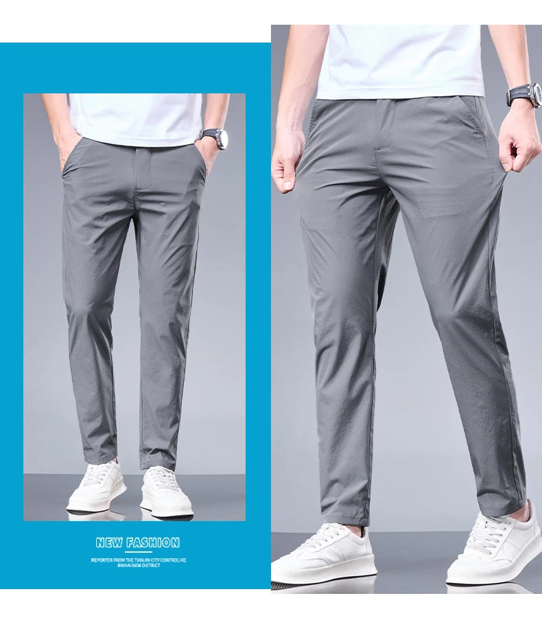 Summer New Business Ice Silk Pants Straight Elastic Waist Black Gray Trousers Breathable Simple Male Clothing Casual Suit Pants - Ellianto fashion Men's