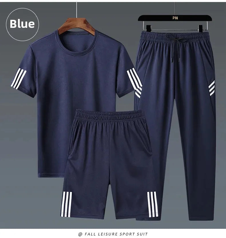 Summer Casual Sports Men's Short Sleeve T-Shirt plus Size Three-Piece Set New Style Long Pants Comfortable Breathable Clothing - Ellianto fashion Men's