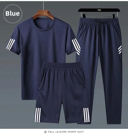 Summer Casual Sports Men's Short Sleeve T-Shirt plus Size Three-Piece Set New Style Long Pants Comfortable Breathable Clothing - Ellianto fashion Men's
