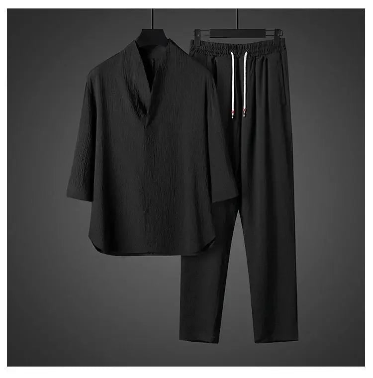 Ice Silk Loose Fit Short Sleeve Men's T-Shirt Set Chinese Style Summer Lightweight Big Size Tang Suit Two Piece Set - Ellianto fashion Men's