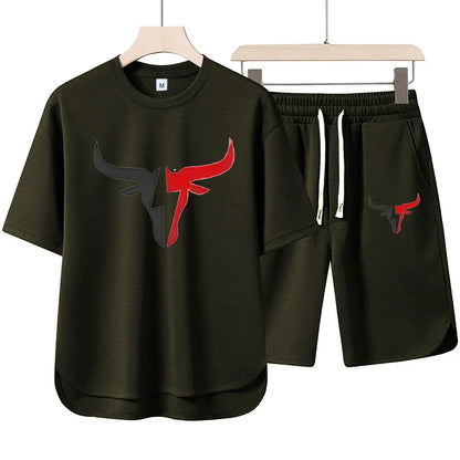 Set 2025 New European and American men's Summer Casual cotton and linen European size short-sleeved shirt + jogging sports shorts 2- - Ellianto fashion Men's