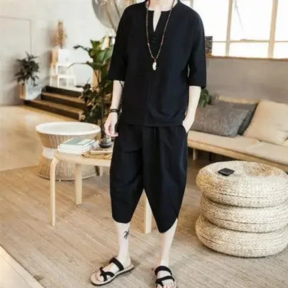New Summer Linen Set Men's Chinese Style T-shirt Short Sleeve Two-piece Loose Seven Pants Set Male Comfortable Breathable - Ellianto fashion Men's