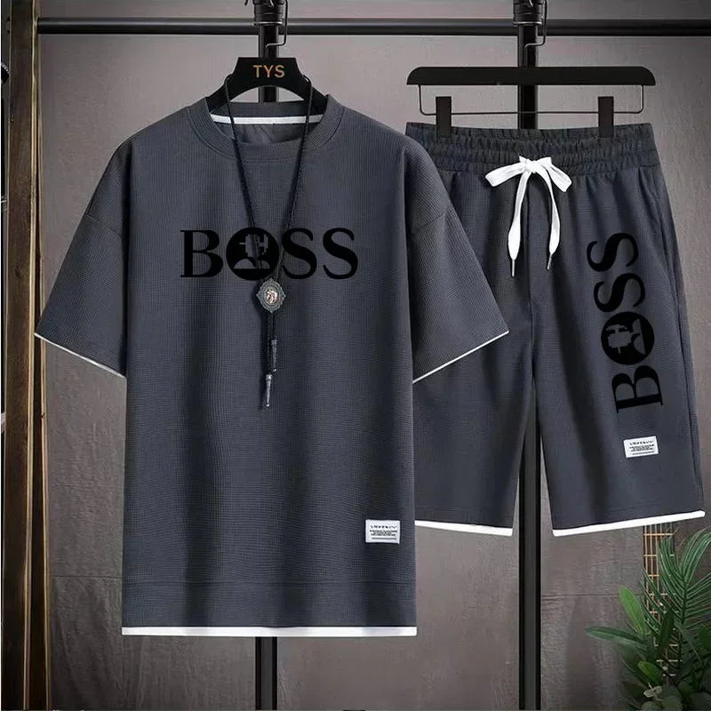 Men's luxury sportswear set casual fitness T-shirt and shorts 2-piece set with short sleeves summer 2025 - Ellianto fashion Men's