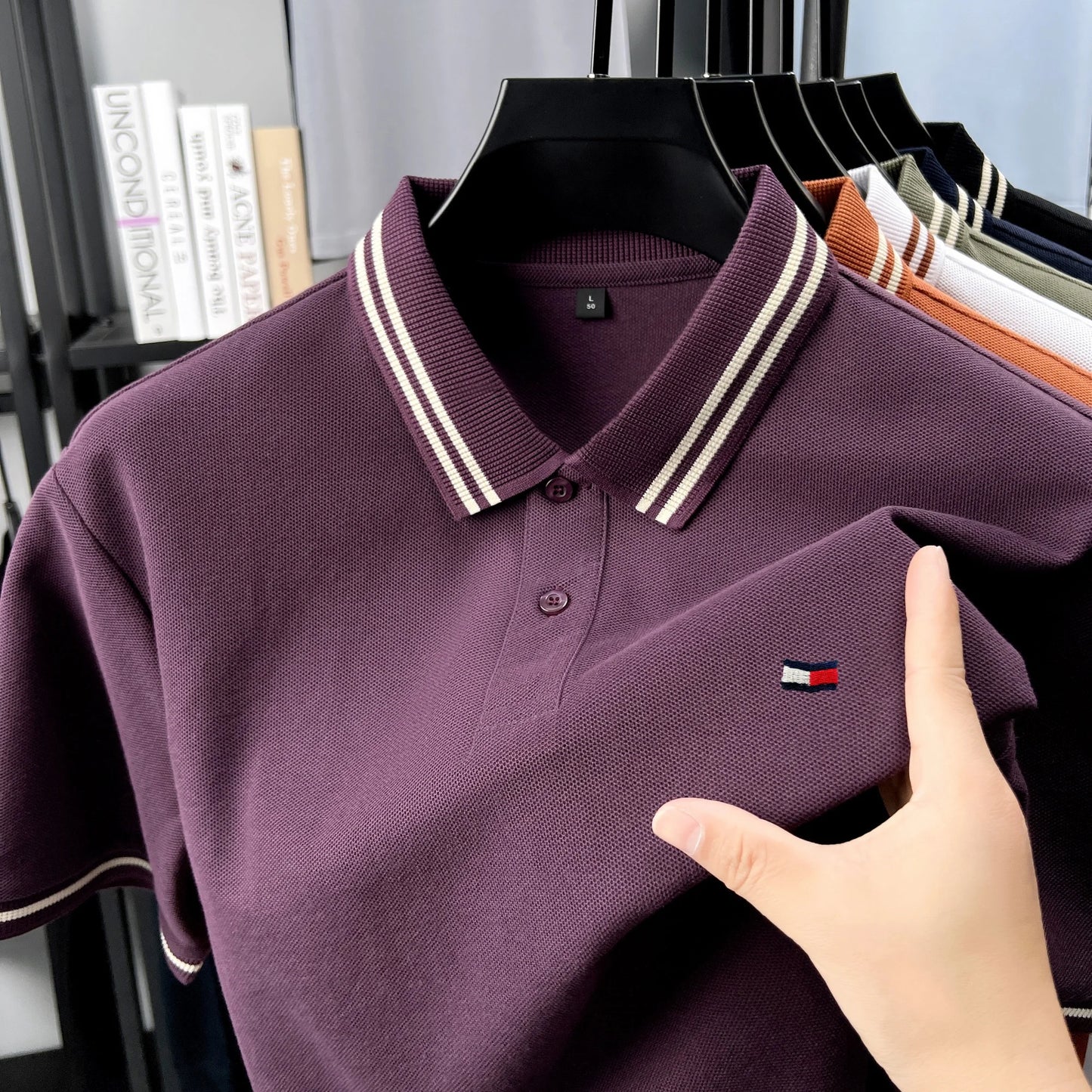 100% pure cotton summer men original embroidered short sleeved fashionable striped lapel shirt polo shirt breathable T-shirt top - Ellianto fashion Men's