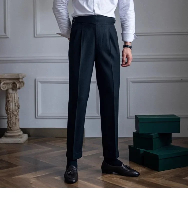 High Waist Straight Leg Casual Men's Trousers Italian Neapolitan Style Versatile Long Pants British Retro Suiting - Ellianto fashion Men's