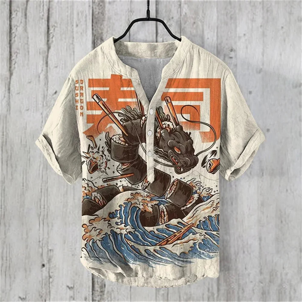 2025 Summer Japanese Water Monster Pattern Print Men's Short Sleeve Linen Shirt Hawaiian New Big Monster Shirt - Ellianto fashion Men's