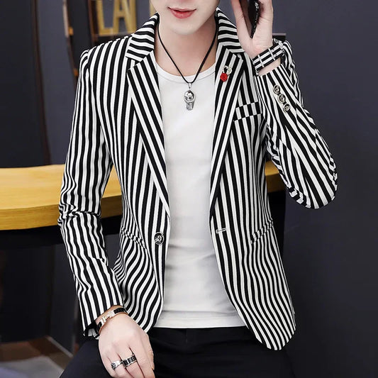 Mens Blazer Jacket 2025 New Suit Male Casual Korean Style Trendy Slim Striped Student Small Suit Jacket Hair Stylist Single Top - Ellianto fashion Men's