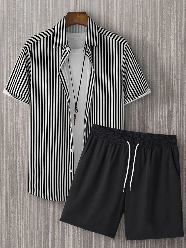 Set New Palm Leaf Print Men's Casual Shirt Hawaiian Men's Beach Shorts Summer Everyday Short-sleeved Shirt And Sports Shorts Set - Ellianto fashion Men's
