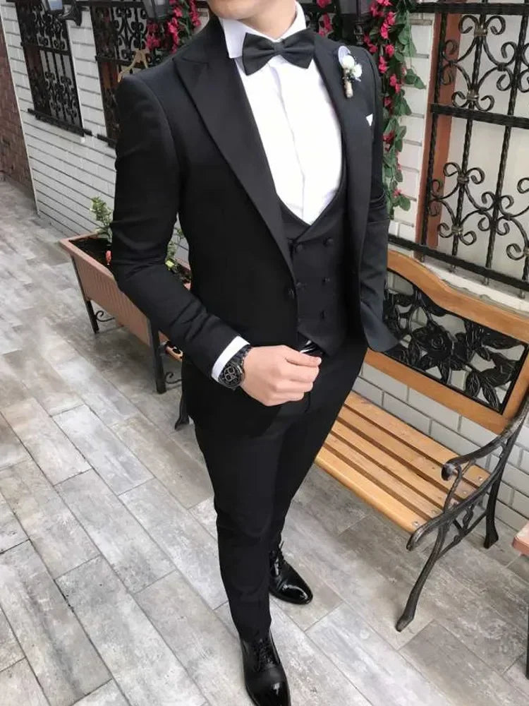 Slim Fit Formal Men Suits 3 Pcs Groom Tuxedos Notch Lapel Olive Green Groom Tuxedo for Wedding Best Man (Jacket + Vest + Pants) - Ellianto fashion Men's