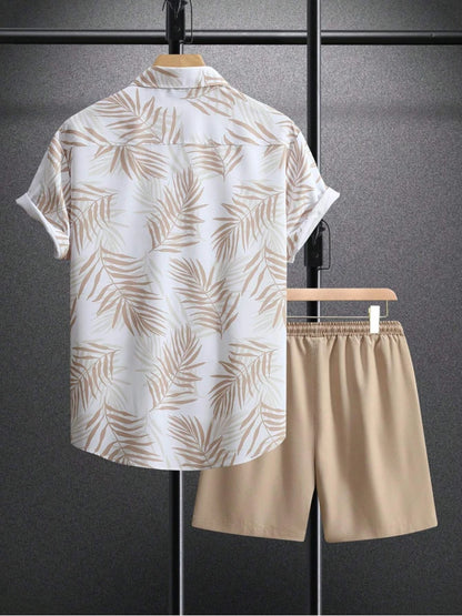 Set Summer Fashion Men's Suit Elegant Plant Printing Pattern Short-sleeved Lapel Shirt And Drawstring Shorts Leisure Two-piece Suit - Ellianto fashion Men's