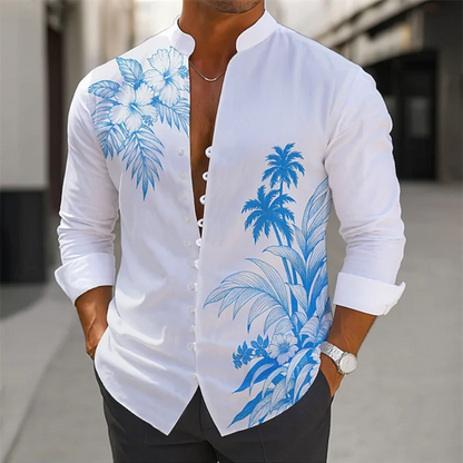 Men's Long Sleeve Shirt Cross Border Summer 3D Bamboo Print Flower Vintage Flip-Neck Long Sleeve Button Top