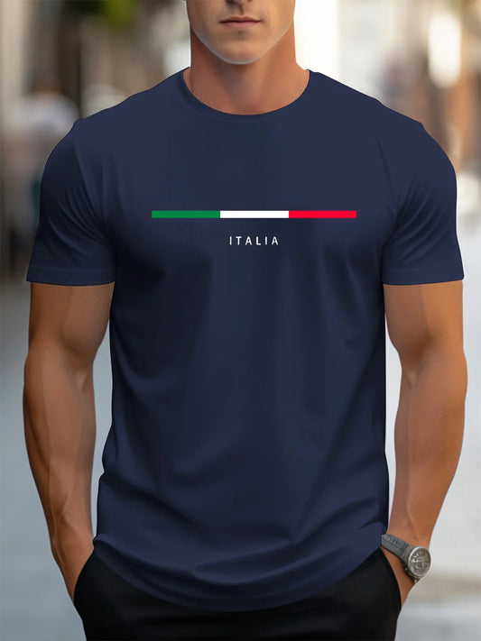Men's summer 100 cotton fashionable casual loose plus size ITALIA pattern printed sports round neck short sleeved T-shirt top - Ellianto fashion Men's