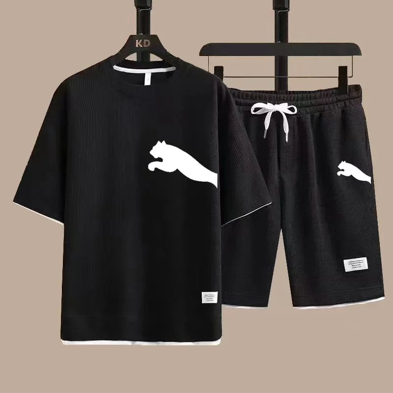 Set 2025 new casual sportswear for men summer two-piece clothing short-sleeved round neck and shorts two fashionable clothes - Ellianto fashion Men's