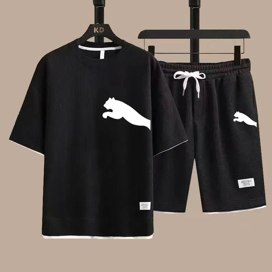 Set 2025 new casual sportswear for men summer two-piece clothing short-sleeved round neck and shorts two fashionable clothes - Ellianto fashion Men's