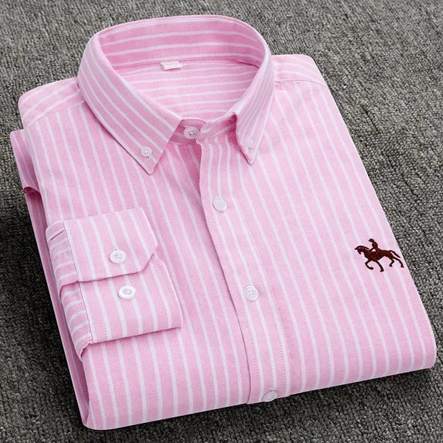 Casual Pure Cotton Oxford Mens Shirts Long Sleeve Embroidery Horse Design Regular Fit Fashion Button Man White Dress Shirt - Ellianto fashion Men's