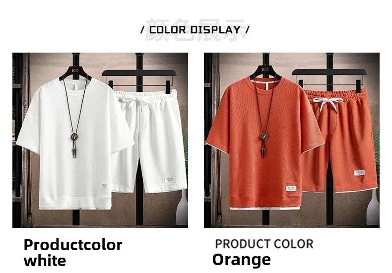 Casual Men's Sportswear Set Summer Short Sleeve Drawstring Shorts Loose Five-Quarter Pants Thin Male Outfit Two-Piece Suit - Ellianto fashion Men's