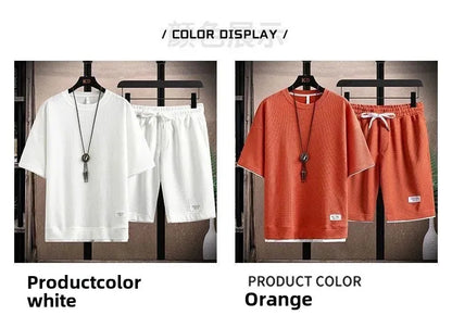 Casual Men's Sportswear Set Summer Short Sleeve Drawstring Shorts Loose Five-Quarter Pants Thin Male Outfit Two-Piece Suit - Ellianto fashion Men's