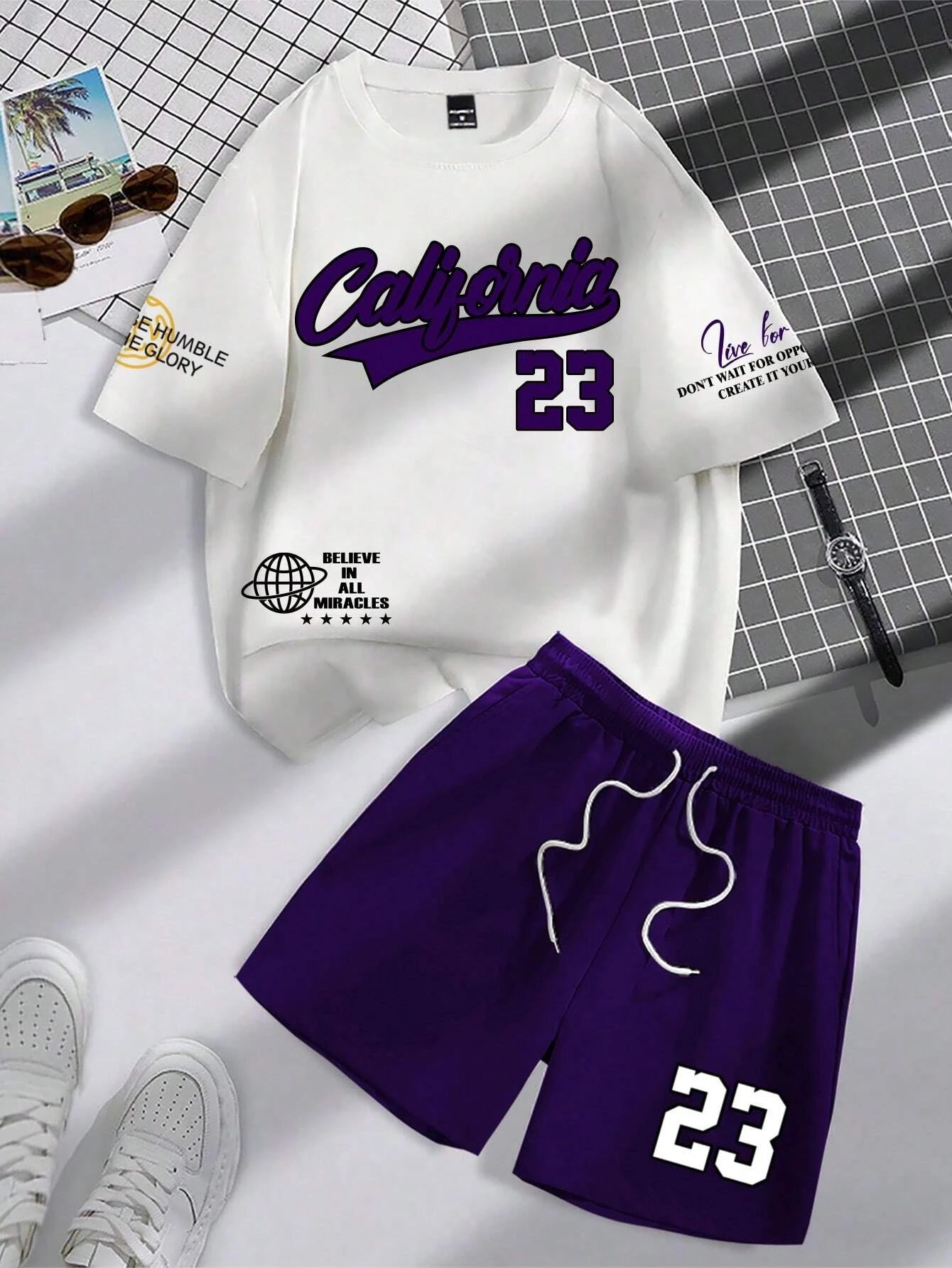 Set Summer Trend Men's Round Neck Short Sleeve Set Fashion Personalized Alphanumeric Print Round Neck T-shirt and Shorts Two Piece - Ellianto fashion Men's