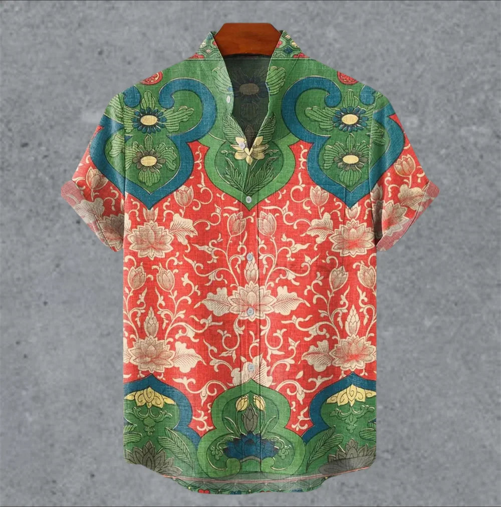 Art retro vintage men's shirt with mottled marks, standing collar printed short sleeved shirt, casual and comfortable top S-5XL - Ellianto fashion Men's